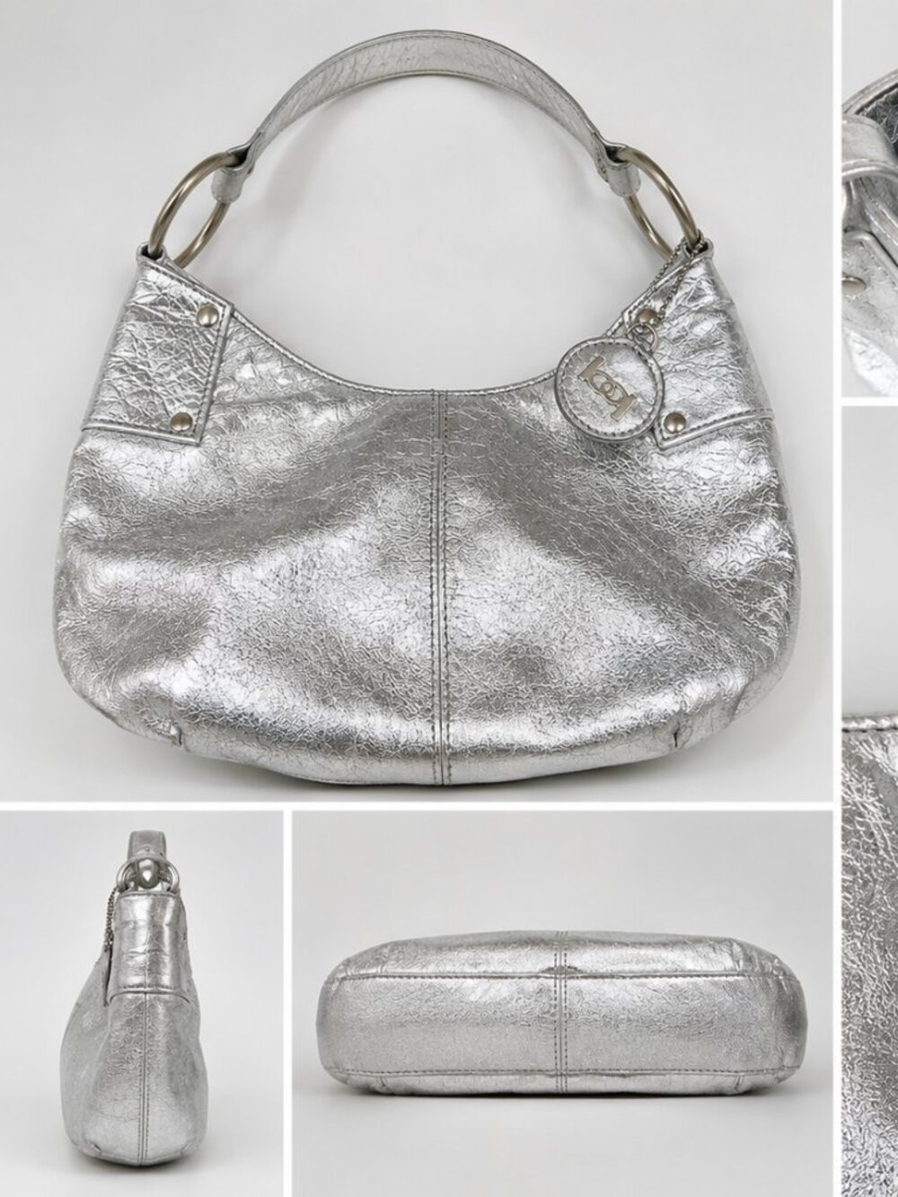 bebe Y2K Silver Metallic Hobo Shoulder Bag Logo Charm Purse